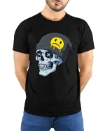 Edgy Skull Beanie Sad Smiley Graphic T Shirt Street Tee - model wearing black tee with hands behind back