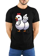 Funny Chicken Guess What Butt Joke Graphic T Shirt Tee - model wearing black tee with hands behind back