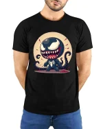 Cute Monster Symbiote Cartoon Villain Graphic T Shirt Tee - model wearing black tee with hands behind back