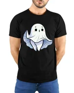 Cute Ghost Peek Boo Cartoon Halloween Graphic T Shirt Tee - model wearing black tee with hands behind back