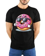 Cool Donut Sunglasses Cartoon Funny Graphic T Shirt Tee - model wearing black tee with hands behind back