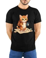 Cute Travel Cat Explorer Passport Adventure T Shirt Tee - model wearing black tee with hands behind back