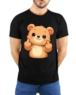 Cute Bear Finger Heart Cartoon Kawaii Graphic T Shirt Tee - model wearing black tee with hands behind back