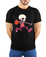 Funny Skeleton Basketball Player Graphic T Shirt Street - model wearing black tee with hands behind back