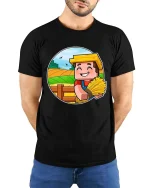 Happy Farmer Harvest Cartoon Graphic T Shirt Rustic Tee - model wearing black tee with hands behind back
