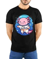 Cute Axolotl Astronaut Space Cartoon Graphic T Shirt Tee - model wearing black tee with hands behind back