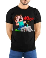 Funny Gamer Nooo Crying Pixel Hero Graphic T Shirt Tee - model wearing black tee with hands behind back