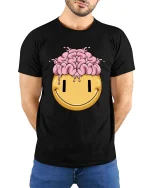 Funny Brain Melt Smiley Face Graphic T Shirt Humor Tee - model wearing black tee with hands behind back