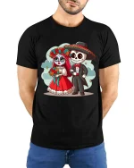 Cute Day Of Dead Couple Cartoon Skull Graphic T Shirt Tee - model wearing black tee with hands behind back