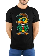 Cool Duck Streetwear Cartoon Graphic T Shirt Stylish Tee - model wearing black tee with hands behind back