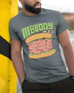 Hi Buddy Eat This Brain Burger Funny Graphic T Shirt - model wearing grey tee, leaning on column