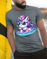 Cute Unicorn Pool Float Sunglasses Summer Graphic T Shirt - model wearing grey tee, leaning on column