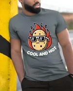 Cool And Hot Funny Potato Fire Graphic T Shirt Tee - model wearing grey tee, leaning on column