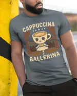 Cute Cappuccina Ballerina Coffee Graphic T Shirt Tee - model wearing grey tee, leaning on column