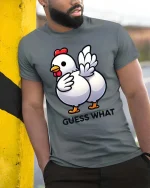 Funny Chicken Guess What Butt Joke Graphic T Shirt Tee - model wearing grey tee, leaning on column