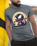 Cute Monster Symbiote Cartoon Villain Graphic T Shirt Tee - model wearing grey tee, leaning on column