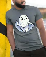 Cute Ghost Peek Boo Cartoon Halloween Graphic T Shirt Tee - model wearing grey tee, leaning on column
