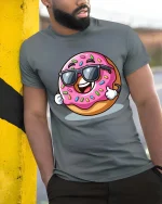 Cool Donut Sunglasses Cartoon Funny Graphic T Shirt Tee - model wearing grey tee, leaning on column