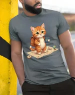 Cute Travel Cat Explorer Passport Adventure T Shirt Tee - model wearing grey tee, leaning on column