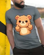 Cute Bear Finger Heart Cartoon Kawaii Graphic T Shirt Tee - model wearing grey tee, leaning on column