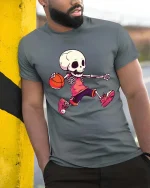 Funny Skeleton Basketball Player Graphic T Shirt Street - model wearing grey tee, leaning on column