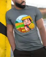 Happy Farmer Harvest Cartoon Graphic T Shirt Rustic Tee - model wearing grey tee, leaning on column