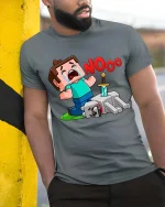 Funny Gamer Nooo Crying Pixel Hero Graphic T Shirt Tee - model wearing grey tee, leaning on column