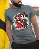 Cute Day Of Dead Couple Cartoon Skull Graphic T Shirt Tee - model wearing grey tee, leaning on column