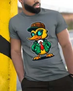 Cool Duck Streetwear Cartoon Graphic T Shirt Stylish Tee - model wearing grey tee, leaning on column