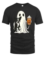 Cute Ghost Dog Coffee Halloween Tshirt Funny Fall Graphic Tee - black t-shirt on white background
