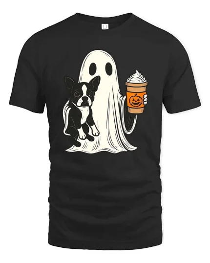 Cute Ghost Dog Coffee Halloween Tshirt Funny Fall Graphic Tee - black t-shirt on white background