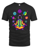 Rainbow Astronaut Meditation Tshirt Cosmic Yoga Graphic Tee - black t-shirt on white background