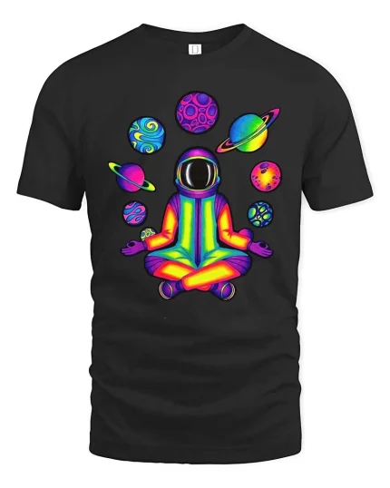 Rainbow Astronaut Meditation Tshirt Cosmic Yoga Graphic Tee - black t-shirt on white background