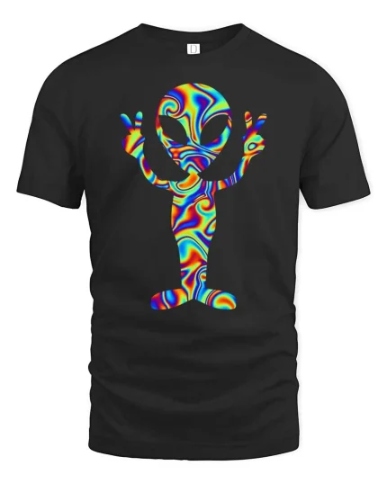 Psychedelic Alien Peace Sign Tshirt Trippy Space Graphic Tee - black t-shirt on white background