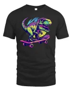 Skateboarding T Rex Neon Dinosaur Tshirt Cool Street Graphic - black t-shirt on white background