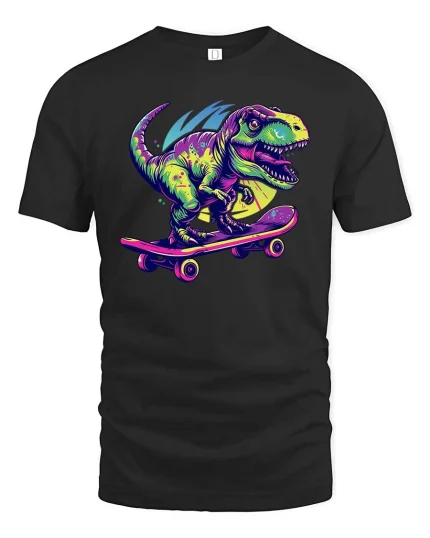 Skateboarding T Rex Neon Dinosaur Tshirt Cool Street Graphic - black t-shirt on white background
