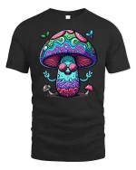 Trippy Mushroom Peace Sign Tshirt Psychedelic Art Graphic - black t-shirt on white background