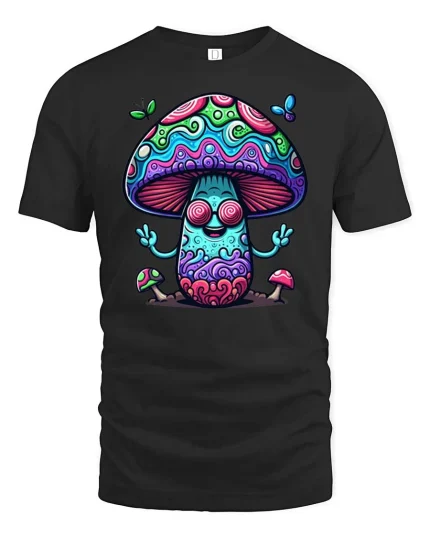 Trippy Mushroom Peace Sign Tshirt Psychedelic Art Graphic - black t-shirt on white background