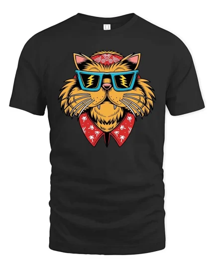 Cool Cat Sunglasses Bandana Tshirt Street Style Graphic Tee - black t-shirt on white background
