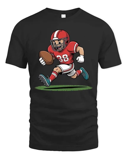 Funny Football Runner Cartoon Tshirt Cute Sports Graphic Tee - black t-shirt on white background