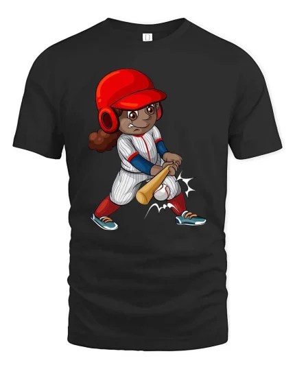 Cute Baseball Girl Swing Cartoon Tshirt Sports Graphic Tee - black t-shirt on white background