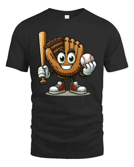 Cute Baseball Glove Cartoon Character Tshirt Sports Fun Tee - black t-shirt on white background