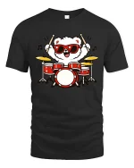 Cute Bear Drummer Cartoon Tshirt Funny Music Graphic Tee - black t-shirt on white background