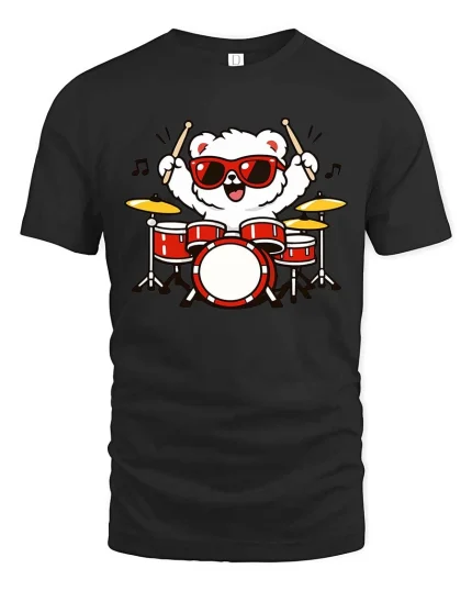 Cute Bear Drummer Cartoon Tshirt Funny Music Graphic Tee - black t-shirt on white background