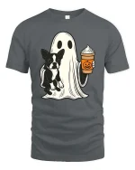 Cute Ghost Dog Coffee Halloween Tshirt Funny Fall Graphic Tee - gray t-shirt on white background