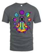 Rainbow Astronaut Meditation Tshirt Cosmic Yoga Graphic Tee - gray t-shirt on white background