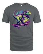 Skateboarding T Rex Neon Dinosaur Tshirt Cool Street Graphic - gray t-shirt on white background