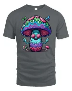 Trippy Mushroom Peace Sign Tshirt Psychedelic Art Graphic - gray t-shirt on white background