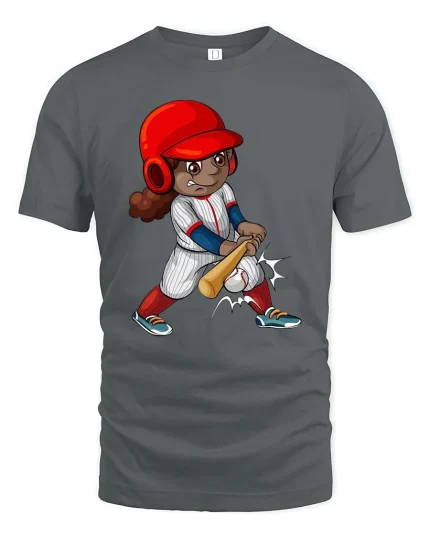 Cute Baseball Girl Swing Cartoon Tshirt Sports Graphic Tee - gray t-shirt on white background