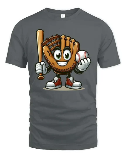 Cute Baseball Glove Cartoon Character Tshirt Sports Fun Tee - gray t-shirt on white background